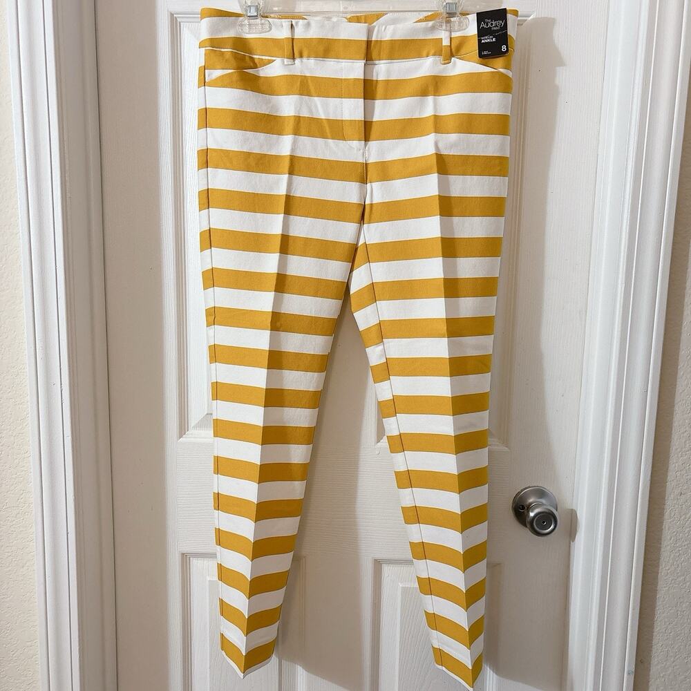 New York & Company The Audrey Pant Slim leg Ankle sz 8 Mustard Yellow & Off Wht - Picture 3 of 8